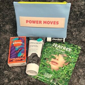 IPSY 'Power Moves' Blue Pouch & Skincare Bundle Freeman Charcoal & Coconut Scrub